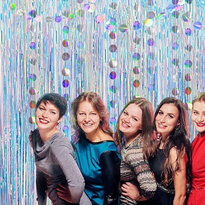 Cheerland Iridescent Tinsel Backdrop Curtain Circle Garland Holographic Party Decorations Disco Birthday Wedding Graduation Christmas New Year EID Ramadan Frozen Theme Party Streamer Decor