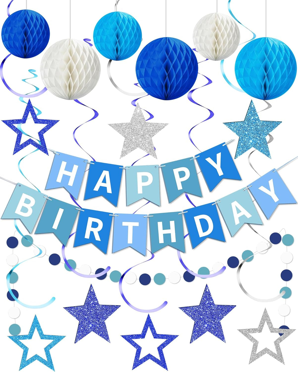 Blue Happy Birthday Decorations, Happy Birthday Banner with Honeycomb Balls, Stars Hanging Swirl Streamers, Dots Garland, Party Decorations for Men Boys Women Girls