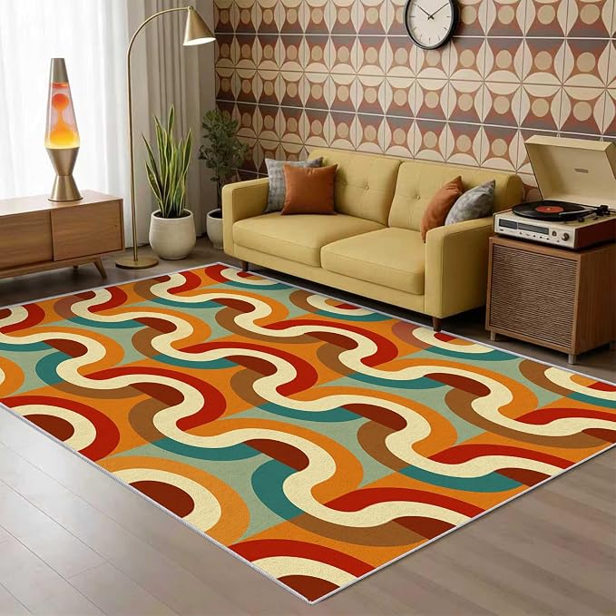 70s Retro Rug 6x9 Checkboard Striped Groovy Pop Pattern Area Rugs for Living Room, Bedroom, 70s Retro Home Decor Accessories Indoor Carpet, Non Slip & Machine Washable, GD0359
