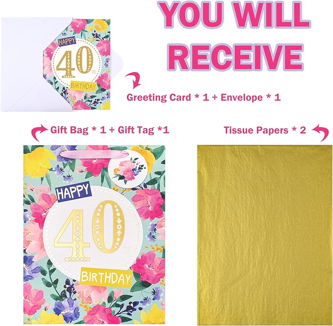 WRAPAHOLIC 13" Large 40th Birthday Gift Bag with Card and Tissue Paper - Floral 40th Birthday