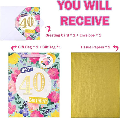 WRAPAHOLIC 13" Large 40th Birthday Gift Bag with Card and Tissue Paper - Floral 40th Birthday