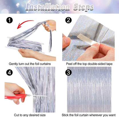 12 Pack Fringe Backdrop, 3.28 FT x 7.08 FT Glitter Silver Tinsel Curtain, Metallic Foil Curtains Party Streamer Disco Backdrop, Silver Party Decorations for Bachelorette Birthday Holiday