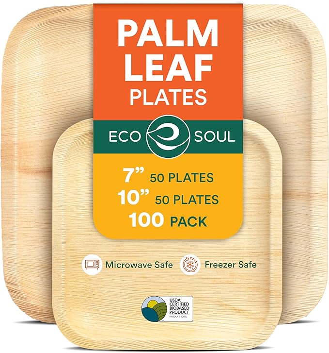 ECO SOUL 7&10 Inch Disposable Palm Leaf Bundle Plates [100 Pack] Premium Food-Safe Heavy Duty Compostable Bamboo Paper Plates for Lunch, Dinner, Weddings, Party, Camping & Catering Events [Square]