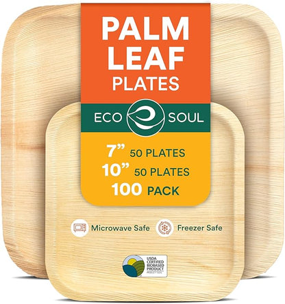 ECO SOUL 7&10 Inch Disposable Palm Leaf Bundle Plates [100 Pack] Premium Food-Safe Heavy Duty Compostable Bamboo Paper Plates for Lunch, Dinner, Weddings, Party, Camping & Catering Events [Square]