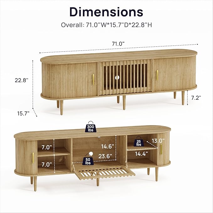 70" Fluted Mid Century Modern TV Stand for TVs Up to 75", Tambour Sliding Doors Entertainment Center with Storage&LED, Janpandi Curved Media&TV Console Long TV Stands for Living Room Bedroom, Oak