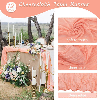12 Pack 10Ft Cheesecloth Boho Gauze Table Runner - 35x120 Inch Rustic Cheese Cloth Long Table Runner for Wedding, Bridal Shower, Birthday Party Decor (Peach Coral)