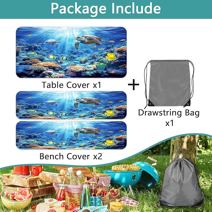 Picnic Table Cover with Bench Covers, Camping Essentials, Ocean Underwater World Table Cover, Fitted Camping Tablecloth Windproof Waterproof with Elastic Edge for Indoor Outdoor Patio 3PCS 30x72 Inch