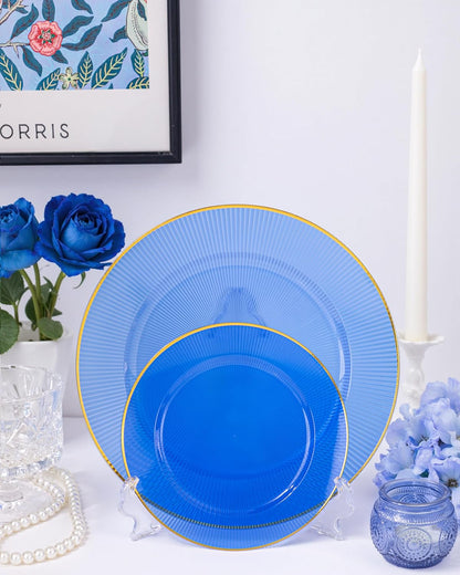 Hioasis 60pcs Blue Plastic Plates - Blue Gold Disposable Dinnerware Set, 30pcs Dinner 10.25in & 30pcs Dessert 7.5in Plates with Striped Designs for Party & Wedding