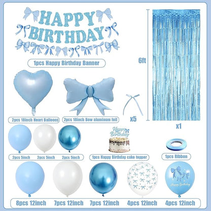 Blue Bow Birthday Party Decorations, Coquette Baby Blue White Bows Balloons with Mini Bows Decor Happy Birthday Banner Fringe Curtain for Women Girls Bows Bachelorette Baby Shower Party Decoration