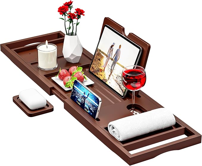 Premium Bamboo Bathtub Caddy Tray - Bath Tray - Bath Tub Tray Table for Bathtub - Expandable Size, Fits Most Bath Tubs - Brown
