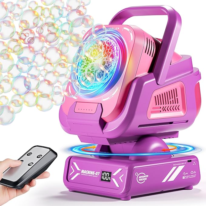 Belemar Upgraded Bubble Machine with Remote Control, Automatic Rotation & RGB Lights, 1800mAh Rechargeable Battery, Type-C Charge, Bubble Maker for Kids, Weddings, Birthday Parties, Outdoor Activities