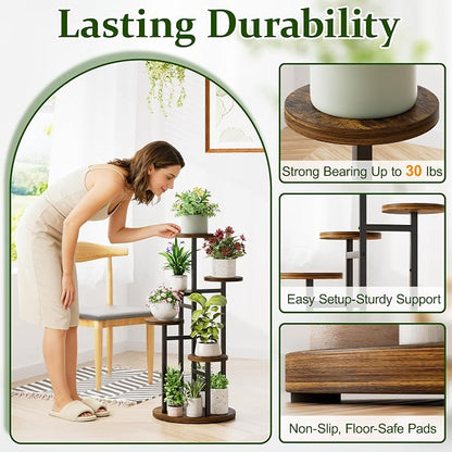 5 Tiers Wood Plant Tables Indoor Plant Stand Tall Metal Wood Plant Shelf Outdoor Indoor Plant Table Rack Tiered Plant Stand Garden Accessories for Living Room Balcony Patio - BlackRound