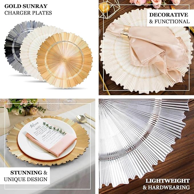 Efavormart 6 Pack | 13" Metallic Gold Sunray Acrylic Plastic Serving Plates, Round Scalloped Rim Disposable Charger Plates