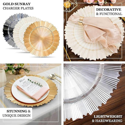 Efavormart 6 Pack | 13" Metallic Gold Sunray Acrylic Plastic Serving Plates, Round Scalloped Rim Disposable Charger Plates