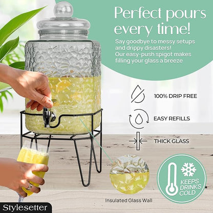 Style Setter Premium Glass Drink Dispensers with Metal Stand for Parties – Beverage Dispenser Set for Cold Drinks, Lemonade, Cocktails, Juice – Party Glass Drink Dispenser Station, Set of 1-1.5 Gal