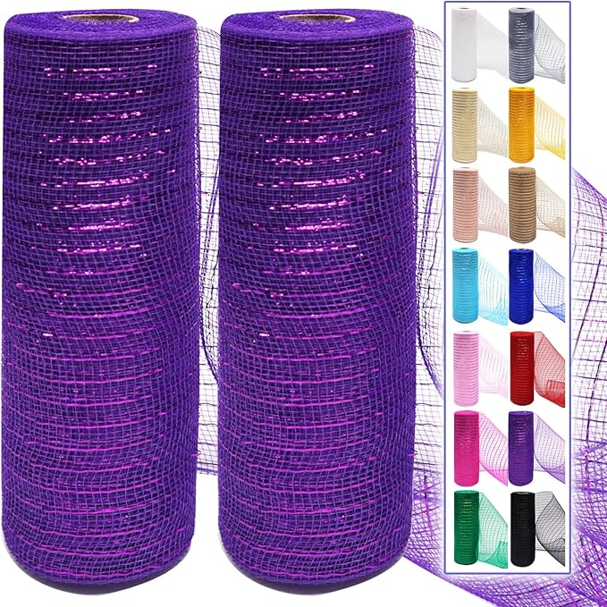 2 Pcs Purple Deco Mesh Ribbon Rolls 10 Inch 10 Yards(30 ft) Decorative Mesh Fabric with Foil for Wreaths Christmas Tree Ribbon Door DIY Craft Halloween Decor Wedding Party Supplies (Purple, 2Pcs)