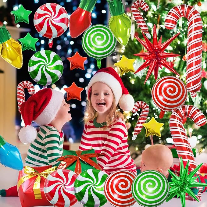 35Pcs Christmas Foil Balloons Set, Xmas Swirl Candy Cane Light Star Mylar Big Gift Boxes Balloons for Christmas New Year Xmas Party Decorations