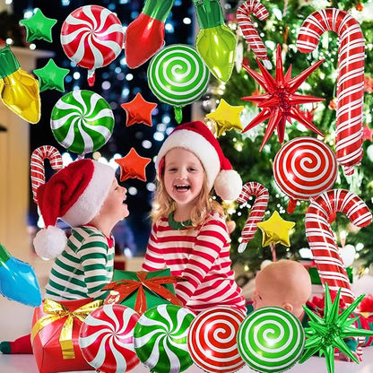 35Pcs Christmas Foil Balloons Set, Xmas Swirl Candy Cane Light Star Mylar Big Gift Boxes Balloons for Christmas New Year Xmas Party Decorations