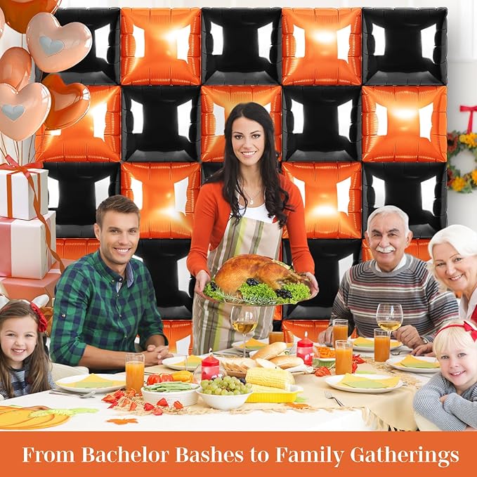 Black and Orange Square Foil Balloons 25 Pcs Metallic Black and Orange Balloons Wall Backdrop for New Year Graduation Birthday Bridal Shower Party Arch Backdrop Decorations