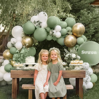 SUWEN Sage Green Balloons Arch Kit Garland 153Pcs Different Sizes of 18 10 5 Inch Latex Sage Olive Green Gold White Balloon Arch Kit Birthday Decorations for Gender Reveal Wedding Party