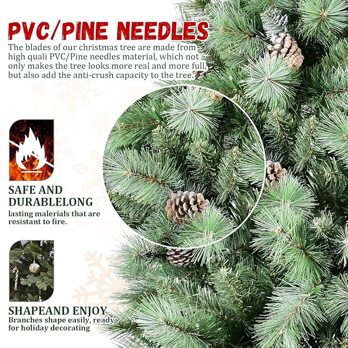 6FT Frosted Christmas Tree with 66 Pine Cone & Pine Needles, Premium Unlit Artificial Christmas Tree with 988 Branch Tips, Realistic Hinged Xmas Trees with Metal Stand for Holiday Decoration