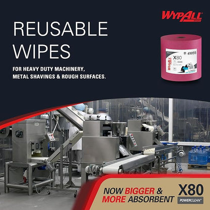 WypAll PowerClean X80 Cloths Heavy Duty Wipes (41055), Jumbo, Extended Use Towels, Red (1 Roll of 455 Sheets, 455 Sheet Total)
