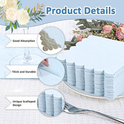 100 Pcs Light Blue Napkins Scalloped Edged Dessert Cocktail Napkins Folded 5 x 5 Inches Disposable Napkins for Dinner Wedding Birthday Party