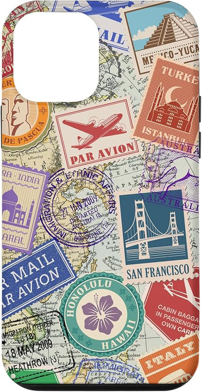 World Map Travel Passport Stamps Postage Stamp Case for iPhone 12 mini