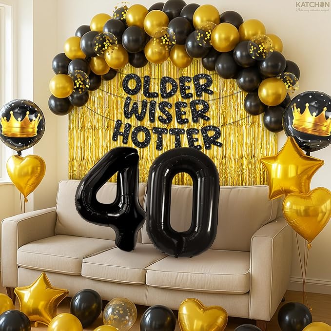 KatchOn, Happy Birthday Decorations Set - Pack of 50 | Older Wiser Hotter Banner, Latex Balloons Arch Kit, Gold Foil Fringe, Star, Round, Heart Foil Balloons | 40th Birthday Decorations for Women, Men