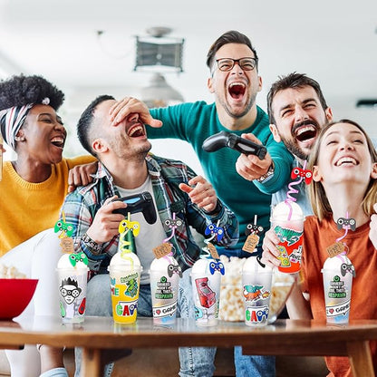 Lenwen 128 Pcs Video Game Party Favors Set Includes Reusable Gamer Drinking Straws Cups 3D Puffy Stickers Slap Bracelets Keychains Game Seals Gift Tags Stickers for Kids Gamer Birthday Party (Cool)
