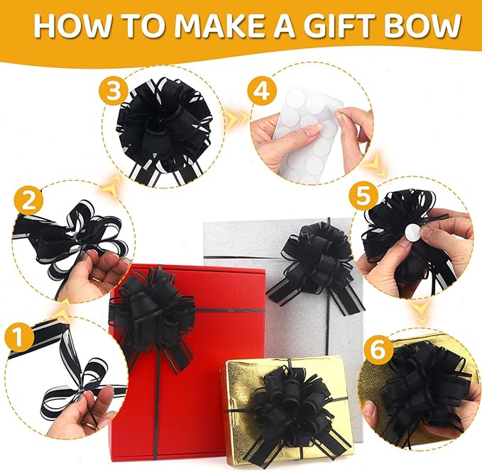 24pcs Black Pull Bow for Gift Basket Wrapping Xmas Gift Bows Presents Adhesive Wrap Ribbon Bow for Christmas Tree Ornament Wine Bottles Bouquet Flower Valentine's Day Party Decor (Black-G)