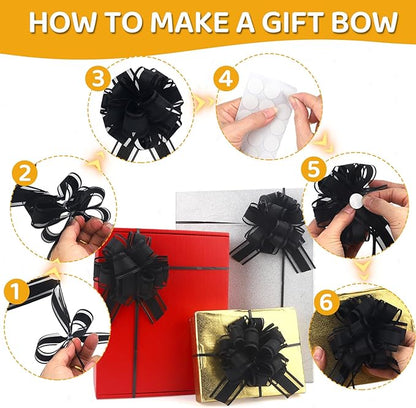 24pcs Black Pull Bow for Gift Basket Wrapping Xmas Gift Bows Presents Adhesive Wrap Ribbon Bow for Christmas Tree Ornament Wine Bottles Bouquet Flower Valentine's Day Party Decor (Black-G)