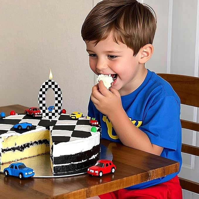 Racing Cars Themed Birthday Candle, Checkered Flag Number Candles Black and White Candles Happy Birthday Cake Topper Party Decorations for Boys Racing Cars Themed Party Supplies (Number 0)