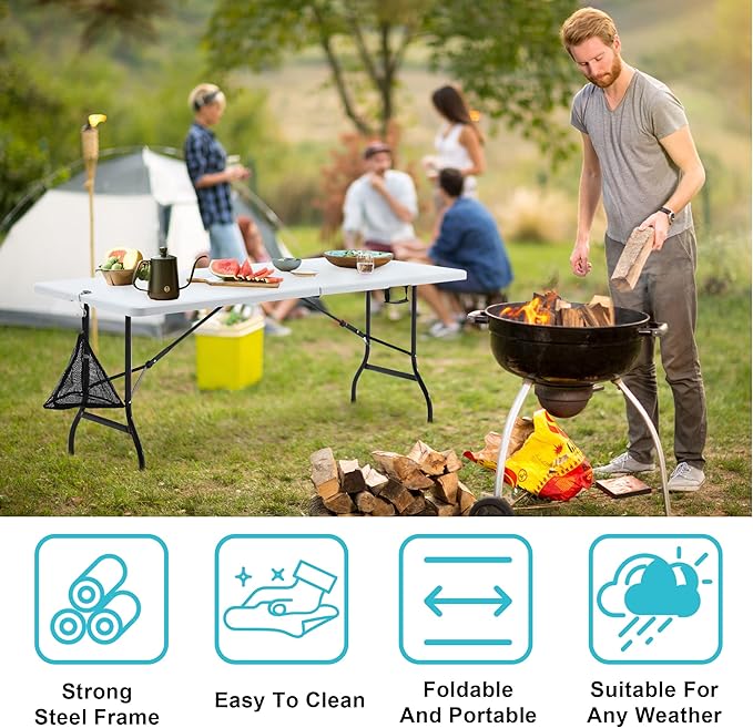 VECELO 6Ft Folding Table,Indoor Outdoor Portable Picnic Plastic Table with Mesh Trash Bag,Heavy Duty Foldable Camp Desk with Handle Legs for Dining Wedding&Party,Pearl White
