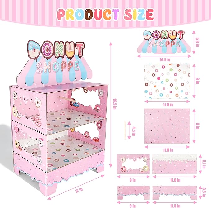 Donut Stand Birthday Party Decorations 3 Tier Sweet Candy Cupcake Holder Lollipop Ice Cream Dessert Table Decor for Girls Themed Birthday Party Supplies