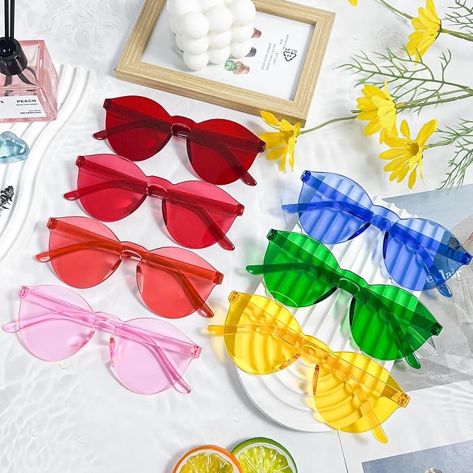 SUNOVELTIES 18/40 Pack Round Shaped Rimless Sunglasses Transparent Candy Color Party Glasses Colored Eyewear for Women