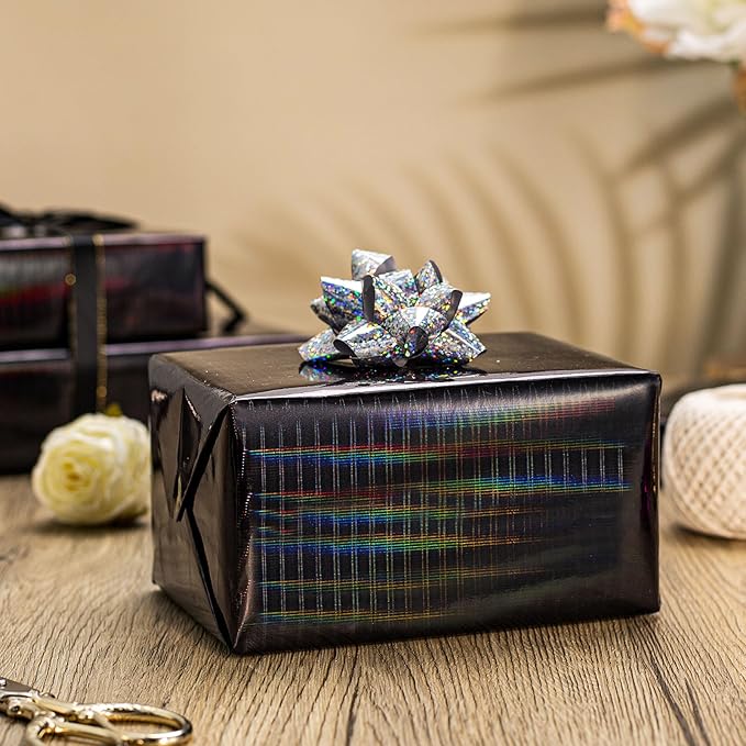 Burymento Black Wrapping Paper Roll, Metallic Holographic Stripe Gift Wrap for Birthday, Valentines, Mothers day, Graduation, Wedding, Fathers day, Baby Shower, Christmas (17 IN x 32.8 FT)