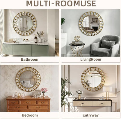 Gold Sunburst Round Wall Mirror 32", Decorative Circle Metal Frame Mirror,Large Decorative Circular Wall Mirror for Entryway or Bedroom