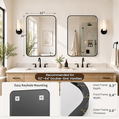 2-Pack 22x30 Inch Matte Black Bathroom Vanity Mirrors | Flush Mount Deep Set Metal Wall Mirror for Over Sink | HD Shatterproof Glass, Rustproof