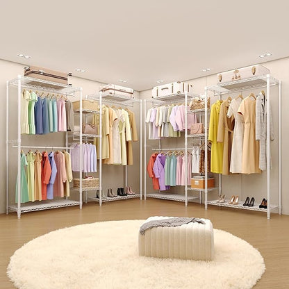 Freestanding Heavy Duty Garment Rack with Adjustable Shelves and Hanging Rods, Large 1630 Lbs Capacity Portable Closet Organizer for Bedroom or Cloakroom Storage, White