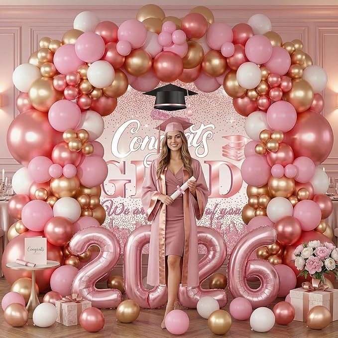Pink Graduation Balloon Arch Kit 2026 with Rose Gold Balloons, Grad Backdrop, 2026 Foil Balloons for Prom Girl's High School College Graduation Party Decorations