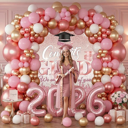 Pink Graduation Balloon Arch Kit 2026 with Rose Gold Balloons, Grad Backdrop, 2026 Foil Balloons for Prom Girl's High School College Graduation Party Decorations