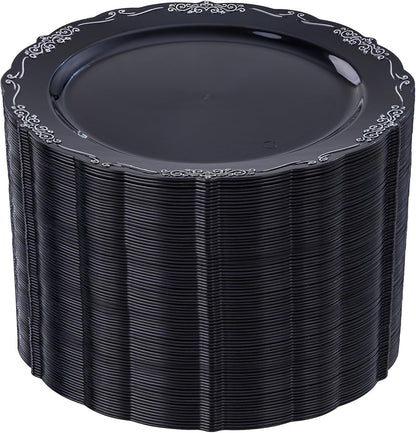 DaYammi 60PCS Black and Silver Plastic Plates, Heavy Duty Black and Silver Disposable Plates Premium 7.5 inch Dessert Cake Salad Appetizer Plates Hard Plastic Plates Disposable for Halloween Party