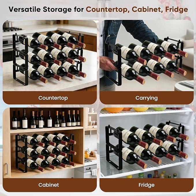 Wine Rack for Countertop – Stackable Freestanding Bottle Organizer for Kitchen, Pantry, Bar Cabinet & Small Spaces – Compact Metal Shelf & Modular Storage Stand (3-Tier)