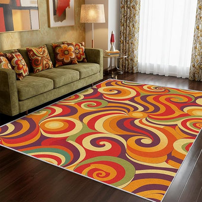 70s Retro Rug 6x9 Swirl Psychedelic Groovy Hippie Pop Pattern Area Rugs for Living Room, Bedroom, 70s Retro Home Decor Accessories Indoor Carpet, Non Slip & Machine Washable, GD0319