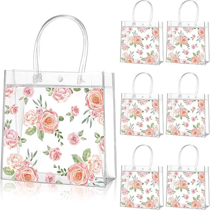 Aliceset 20 Pcs Mother's Day Clear Floral Gift Bags with Handles Flower Rose Party Goodie PVC Treat Bags for Tea Party Baby Shower Birthday Bridal Shower, 8 x 8 x 3.15 Inch
