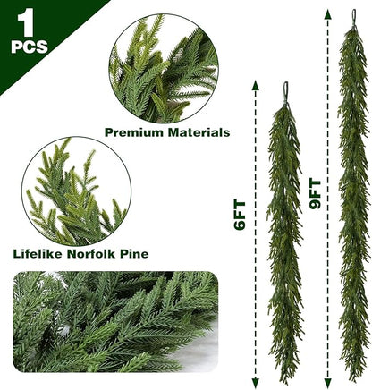 6FT Christmas Garland Norfolk Pine Garland Real Touch Faux Greenery Cedar Garlands for Mantle,Table,Wall,Christmas Decorations Indoor Outdoor