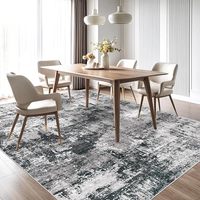 10x14 Area Rug for Living Room: Washable Abstract Large Soft Rugs Non Slip Modern Stain Resistant Low Pile Carpet for Dining Room Bedroom Nursery Office (Black Grey, 10'x14')