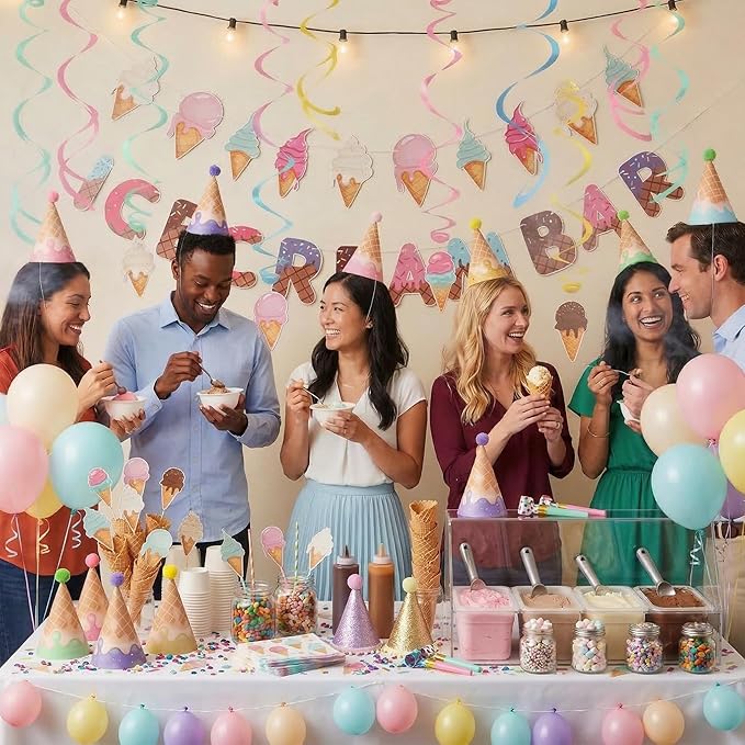 AmazingSpark 25 Pcs Ice Cream Party Supplies Set 24 Cone Hats with Pompoms 1 Banner, Ice Cream Bar Decorations for Birthday, Baby Shower, Summer Theme Party