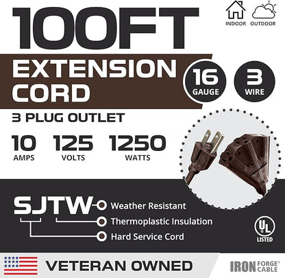 Iron Forge Cable 100ft Brown Outdoor Extension Cord with 3 Outlets - 16/3 SJTW 100ft Extension Cord 3 Prong, 13 Amp All-Weather Heavy Duty Power Cable